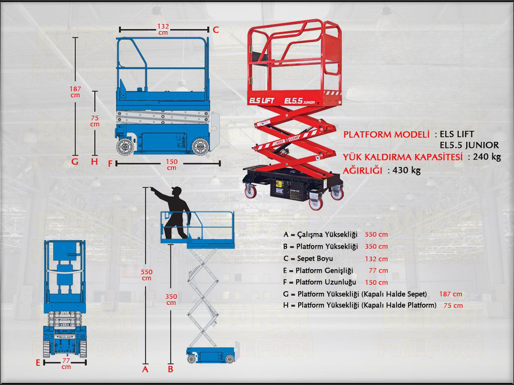 Akülü Makaslı Manlift Platform 5.5 Metrelik